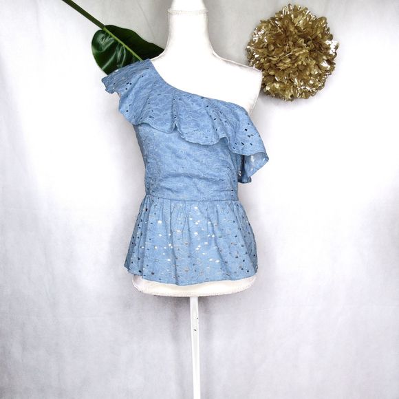 J.O.A. Tops - JOA Blue lace one shoulder peplum top